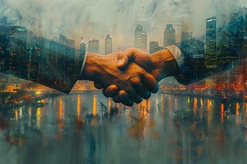 An abstract depiction of real estate joint ventures, showcasing a handshake between two business professionals against a city skyline backdrop. This image represents the collaboration and partnership