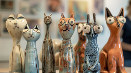 handmade work craft fabulous magic ceramic sculptures of cats. the concept of ceramics production classes for children