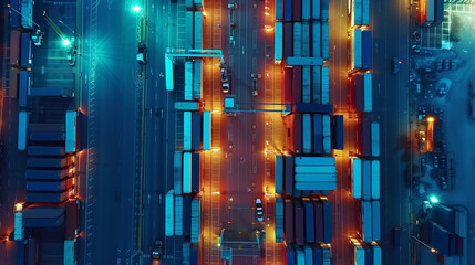 Obraz premium top view of the container site at night. Global logistics network distribution transportation, logistics