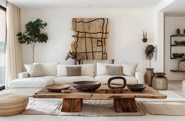 minimalist living room with large wooden coffee table