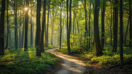 A tranquil forest with a winding path leading through tall trees, with sunlight filtering through the leaves.