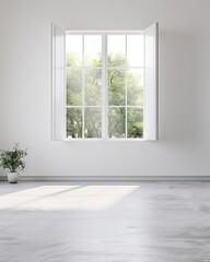 Fototapeta premium Minimalist white room with large window and sunlight streaming in.