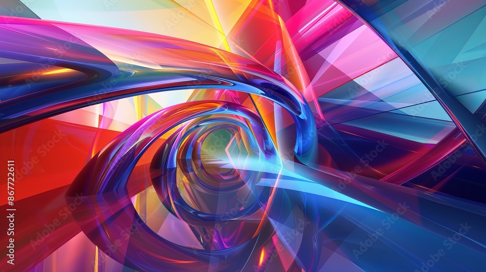 Sticker This image presents futuristic abstract digital art, featuring colorful and translucent twisting shapes with intricate play of light, creating a vibrant visual experience.