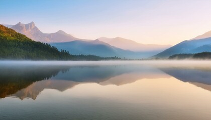 Fototapeta premium calming rhythms, serene mountain landscape reflected in calm lake waters at dawn, misty and peaceful soft light