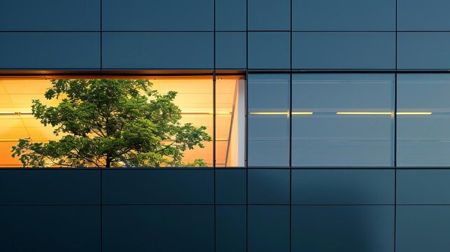 A small tree is seen through a window in a modern building.