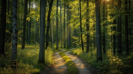 Fototapeta premium A tranquil forest with a winding path leading through tall trees, with sunlight filtering through the leaves.