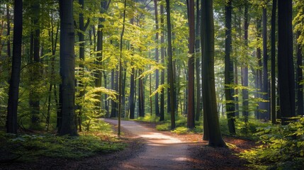 Naklejka premium A tranquil forest with a winding path leading through tall trees, with sunlight filtering through the leaves.