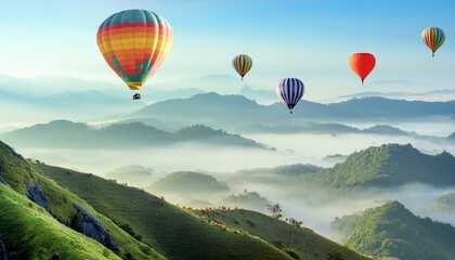 Naklejka premium Hot air balloon above high mountain at sunset
