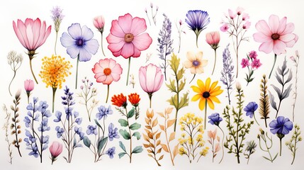 Watercolor illustration of a variety of flowers and plants.