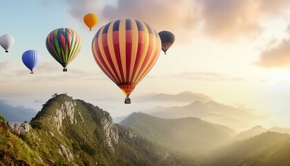 Fototapeta premium Colorful hot air balloons flying above high mountain at sunrise with beautiful sky background