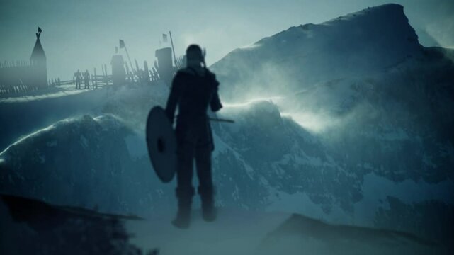 Medieval Viking Returns Home To his Snowy Village