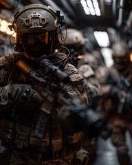 Fototapeta premium Realistic close quarters combat with soldiers exchanging fire in a small, enclosed room