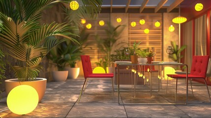 Lounge and dining area at a modern residential backyard, featuring soft yellow outdoor lights, potted palms, and a glass garden table with bright red chairs, creating a vibrant summer atmosphere.