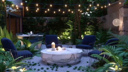 Lounge and dining area at a modern residential backyard, lit by cool blue string lights, surrounded by ferns.