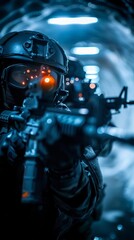 Fototapeta premium A SWAT officer aims his rifle down a tunnel, with red dot sight illuminated.