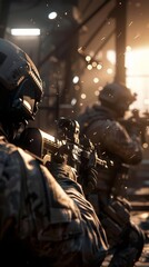 Two soldiers in combat gear aiming weapons in a futuristic urban setting.
