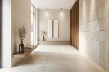 Fototapeta premium Minimalist modern interior design of hallway with white stone wall