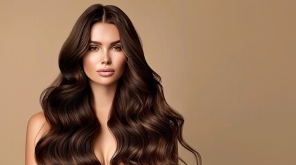 Fototapeta premium A close-up portrait of a beautiful brunette woman with long, wavy hair. She is looking directly at the camera with a soft, alluring expression. The background is a simple beige color