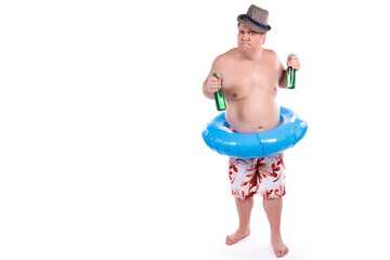 A man drinks beer and dreams of a vacation. White background.