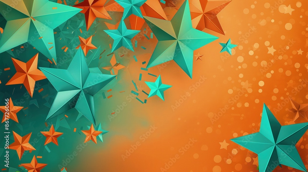 Poster a new year virtual background with a combination of orange and teal stars, creating a warm and invit
