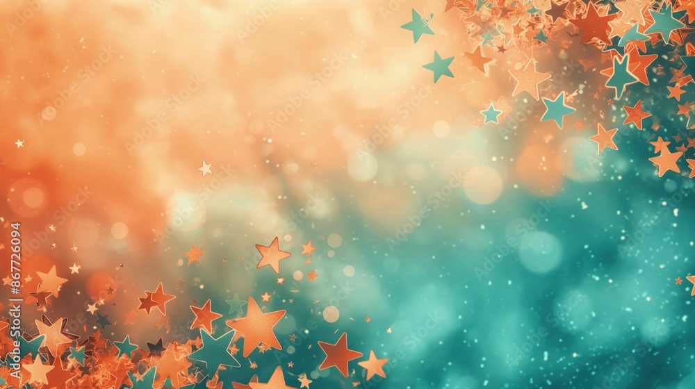 Poster a new year virtual background with a combination of orange and teal stars, creating a warm and invit