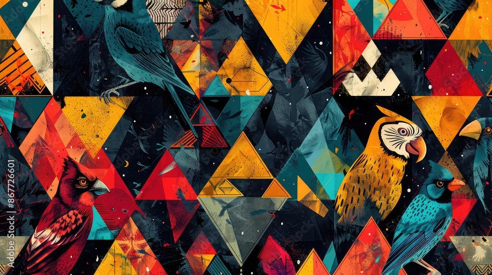 Aufkleber triangular patterns with animal figures, vibrant and lively for textile and pattern design