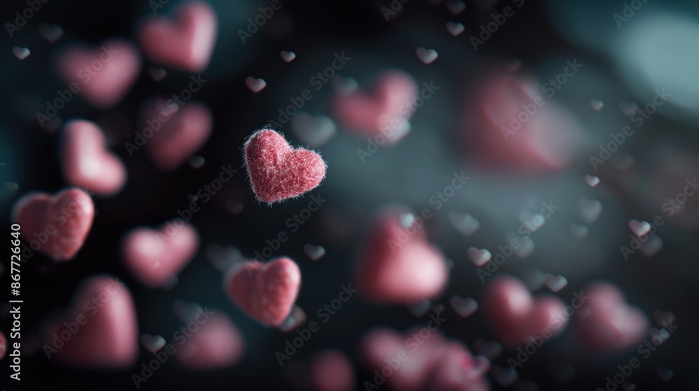 Poster a playful and dynamic wallpaper design where pink hearts appear to float over a deep black backgroun