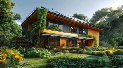 Realistic photograph of a family in an eco-friendly home with solar panels, rainwater harvesting system, and green garden, highlighting sustainable living.