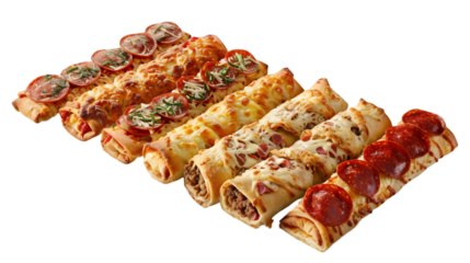  An assortment of strombolis - pepperoni, veggie, and meatball - arranged neatly on a pristine white 
