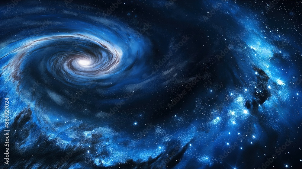 Poster a realistic depiction of a galaxy in the universe, with swirling patterns of blue and dense points o