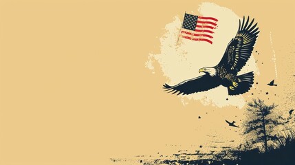 Fototapeta premium Eagle soaring with an American flag, minimalist style, open background, and generous text space, banner concept.