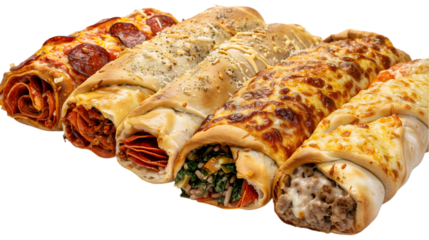  An assortment of strombolis - pepperoni, veggie, and meatball - arranged neatly on a pristine white 