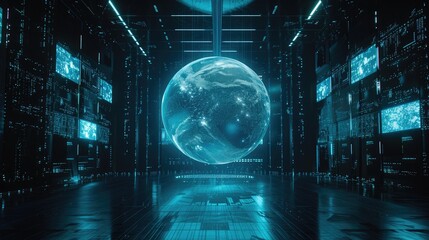 Dark Room Futuristic Technology: Global Hologram