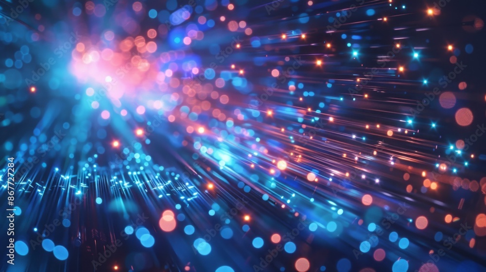 Poster abstract digital art depicting fiber optic cables in a dynamic, colorful display of light and data t