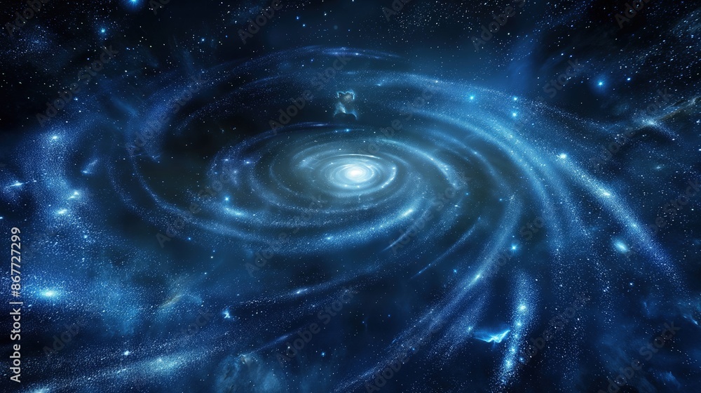 Poster a realistic depiction of a galaxy in the universe, with swirling patterns of blue and dense points o
