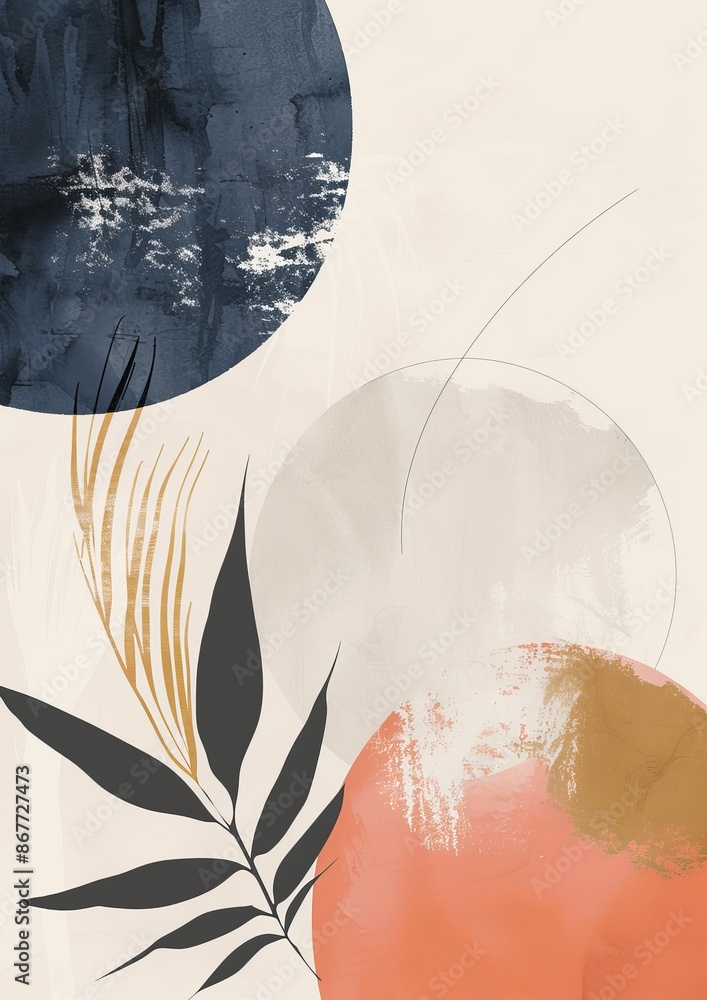 Poster A contemporary abstract artwork featuring geometric shapes, paint textures, and botanical illustrations in a modern style.