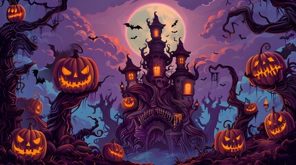Fototapeta premium Illustration of a Scary Castle, Moonlight, Pumpkins and Scary Theme, Halloween Background, Halloween