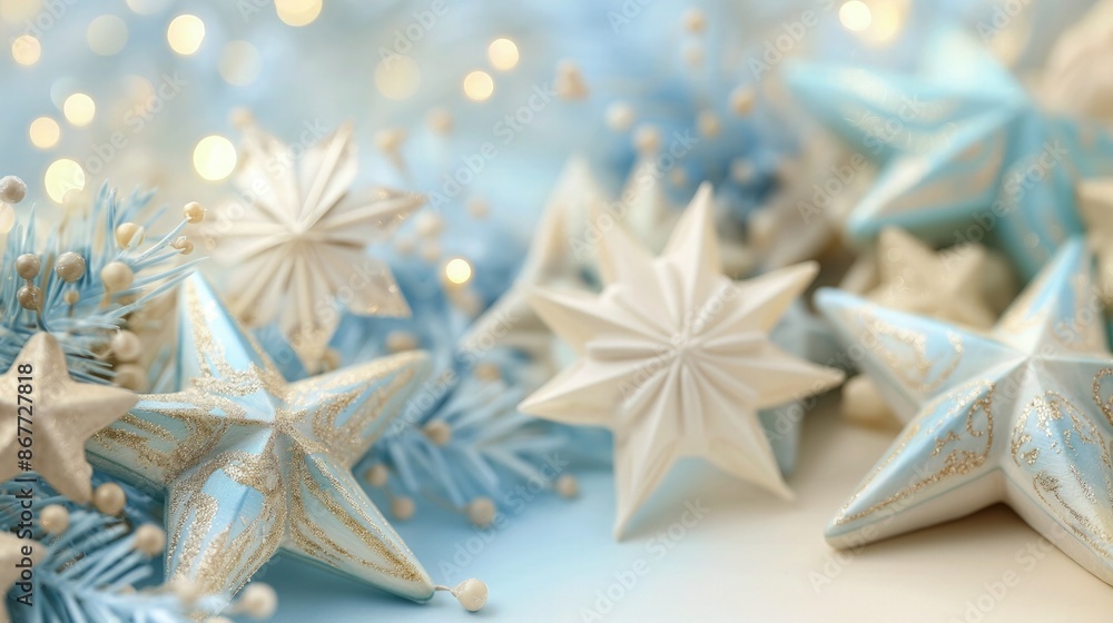 Poster a serene and beautiful new year background with a combination of soft blue and creamy beige stars, p