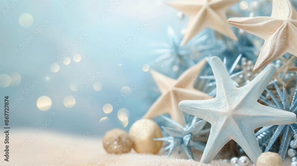 Poster a serene and beautiful new year background with a combination of soft blue and creamy beige stars, p