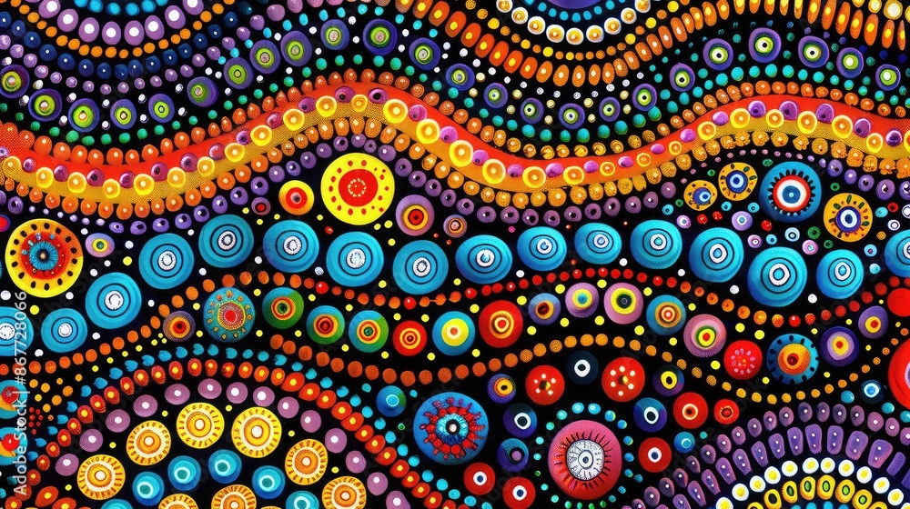 Poster native american weaving patterns mixed with australian aboriginal dot painting, rich in color and te