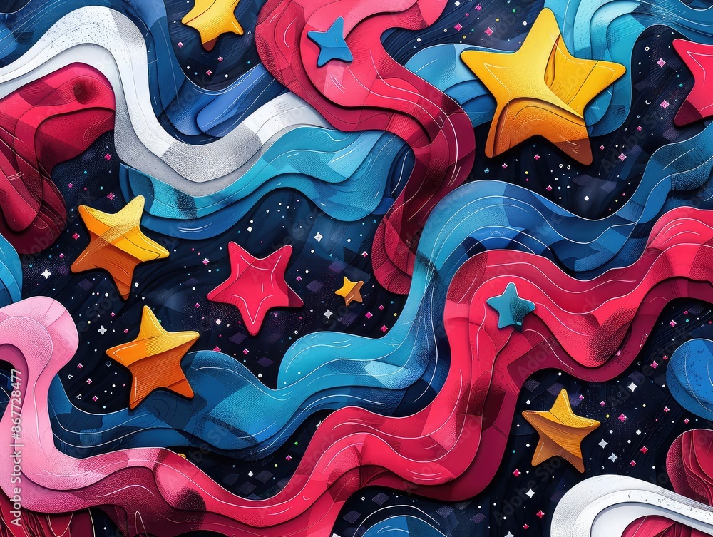 Aufkleber star shapes mixed with ocean wave patterns, bold and colorful for identity design