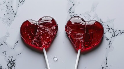 Broken heart shaped lollipop on white surface top view