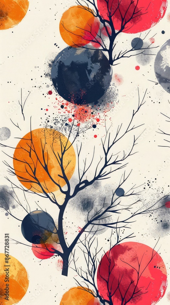 Aufkleber circular and triangular shapes combined with tree branches, intricate and colorful for textile desig