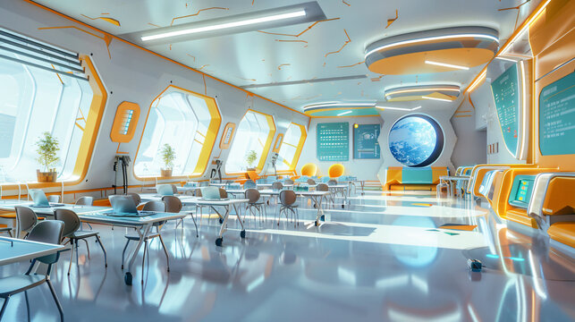 Futuristic classroom with modern technology and bright design. High-tech educational environment with innovative learning tools and spacious layout.
