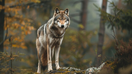 Obraz premium Majestic wolf standing in a dense forest, surrounded by autumn foliage, highlighting the wilderness and beauty of nature.