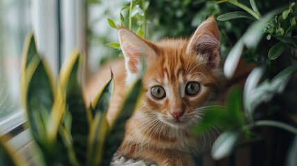 Ginger kitten posing by window near plants beautiful cat gazing at camera Helps to have text copied