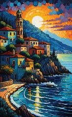 Obraz premium Oil painting of a small town on the Mediterranean Sea, mountains in the background, beautiful summer weather.