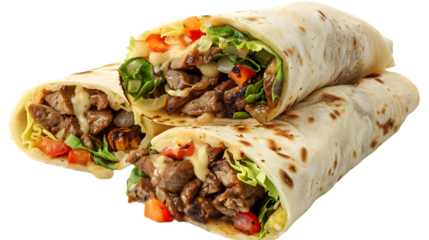  An elegant arrangement of a lamb kebab wrap cut in half to show the juicy filling, on a clean white 