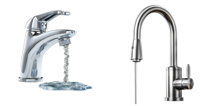 set of a sleek chrome faucet with water running on transparent background