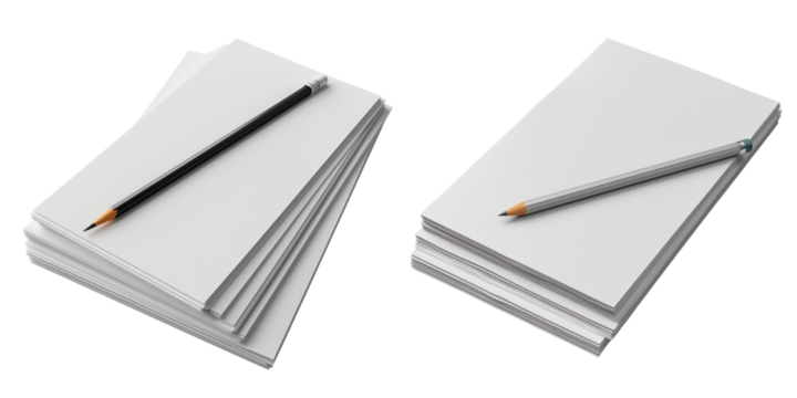 set of a stack of blank white paper sheets with a pencil on transparent background